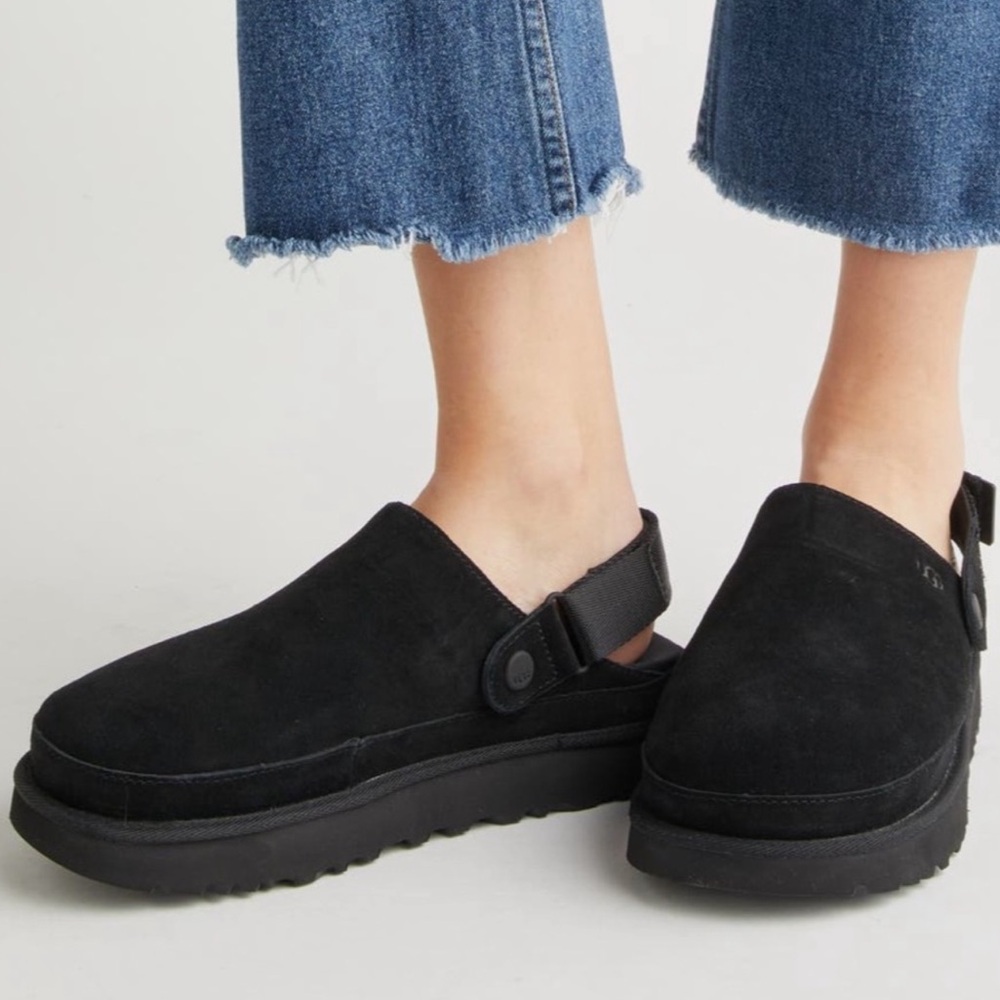 UGG Goldenstar Clog Platform Black Suede Shoes
